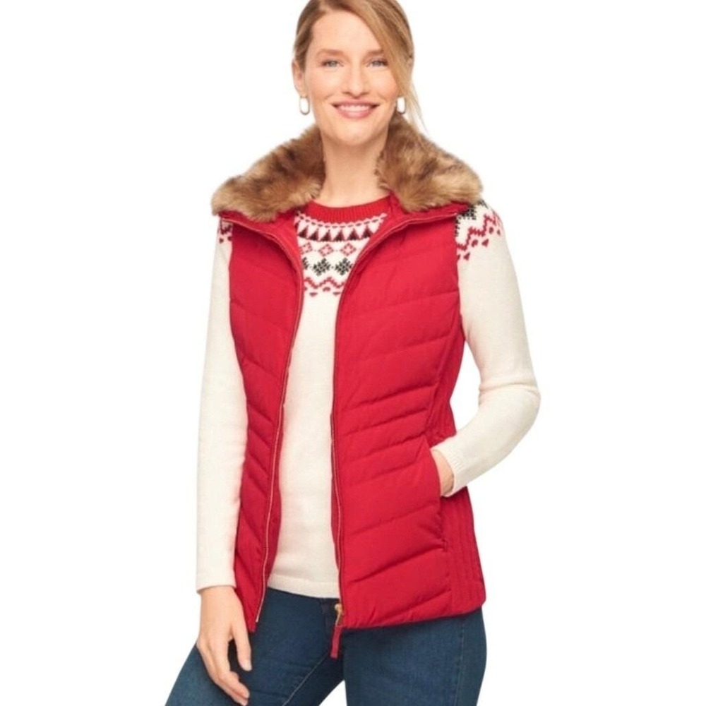Talbots Red Puffer Vest Petite Large Quilted Down Filled Slenderizing Fur Pocket